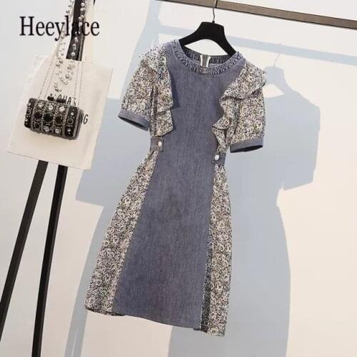 Plus Size Women Ruffles Patchwork Denim Dresses For Women O neck High Waist A-line Elegant Jeans Vestidos De Fiesta Korean Robe
