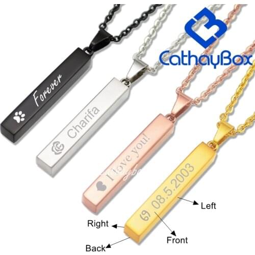 Women Name Necklace Personalized Custom Engrave Silver Color Rose Gold Tone Stainless Steel Solid Bar Charm Pendant Chain