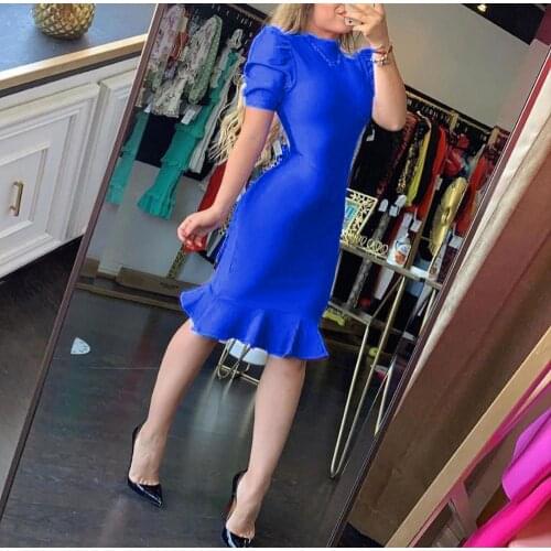 New Women Bandage Dress O-Neck Ruffle Short Sleeve Fishtail Midi Bodycon Dress Elegant Cocktail Party Dress Vestidos