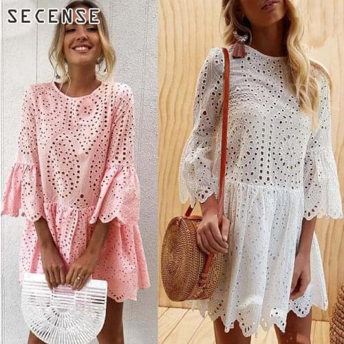 Hollow Out Dress White o Neck 3/4 Sleeve Loose Irregular Hem Mini Dress Summer Party Holiday Women Clothing SECENSE