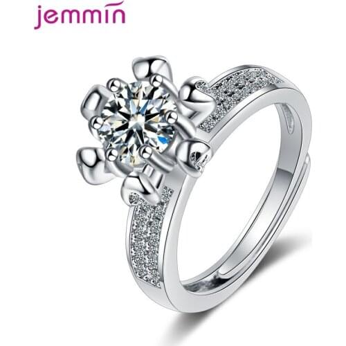 Sparkling Clear Crystal Elegant Open Adjustable Ring For Women Real 925 Sterling Silver Flower Ring Fine Jewelry Gift