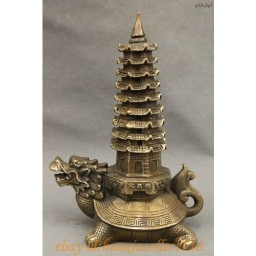8 FengShui Chinese Copper Dragon Seed Turtle Carrying Pagoda BaXia Statue Medicine copper Decoration real Brass