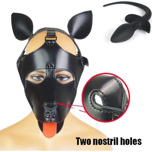 Puppy Play Dog Slave Hood,Leather SM Bondage Muzzle Mask With Tongue,Bdsm Pup Role Play Party Mask,Dog Tail Plug,Couple Sex Toys