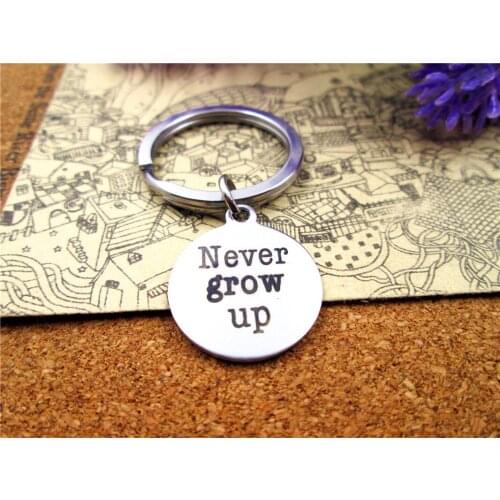 3pcs/lot 28mm stainless steel keyring with 20mm stainless steel circle "never grow up" charms keyring