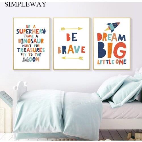 Nursery Wall Art Child Poster Canvas Wall Art Print Be Brave Simple Quotes Painting Decorative Picture Baby Kids Bedroom Decor