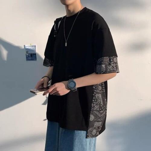 Fake Two Pieces Short-sleeved Mens Oversize T-shirt High Street Cashew Flower Print Vintage Harajuku O Neck Casual T-shirt Men