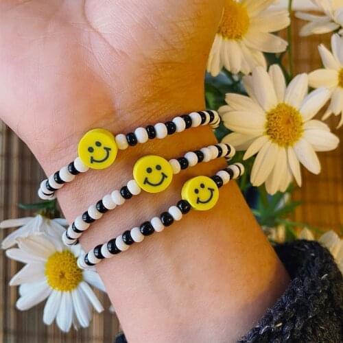 Go2Boho Smiley Bracelet White and Black Beaded Charms Smile Face Bracelets Beads Pulsera 2021 Fashion Jewelry For Women