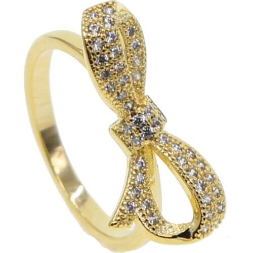 Sdzstone Lovely Bow Rings With Gold Color Micro Inlay Full Cubic Zirconia Romantic Rings For girl Party Jewelry