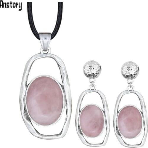 Cabochon Natural Quartz Jades Lapis Lazuli Jewelry Sets Geometric Pendant Necklace Stud Earrings Vintage Fashion Jewelry TS502