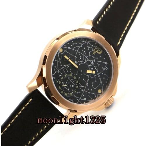 2017 new 44mm mens parnis constellation rose golden plated Case Leather Sapphire glass Luminous 6498 hand Winding uhr Watch