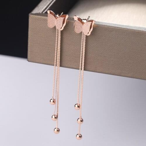 New Arrival Fashion Butterfly Tassel Dangle Earring Line Rose Gold Color Woman Gift Titanium Steel Jewelry Not Fade