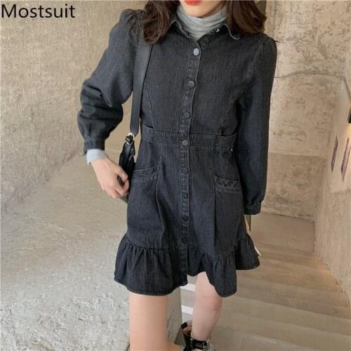 Single Breasted Ruffles Denim Dress Women Full Sleeve Turn-down Collar A-line Mini Dresses Black Vintage Fashion Ladies Vestidos