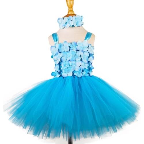 Girls Turquoise Pearl Petals Tutu Dress Kids Crochet Tulle Strap Dress with Flower Hairbow Children Birthday Party Costume Dress