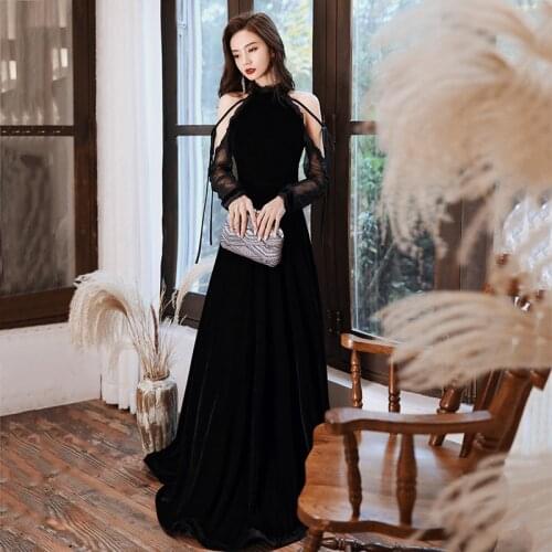 Black Halter Elegant Evening Dress Empire Full Sleeves Zipper Back Velour A-Line Floor-Length New Woman Formal Party Gowns A862
