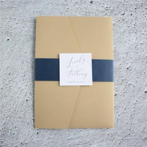 Champagne invitations with navy blue belly band for wedding celebration party personalized printing