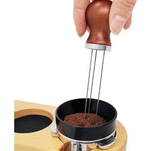 Solid Wood Handle Coffee Needle Distributor Coffee Tamper Leveler Tool Powder Dispenser 51 53 58MM