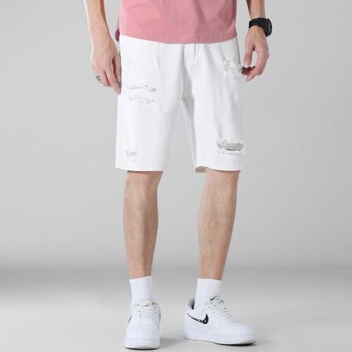 2021 Summer Youth Mens Loose Casual Denim Shorts Trend Fashion Brand Holes Lightweight Solid Color Large Size Five-point Pants