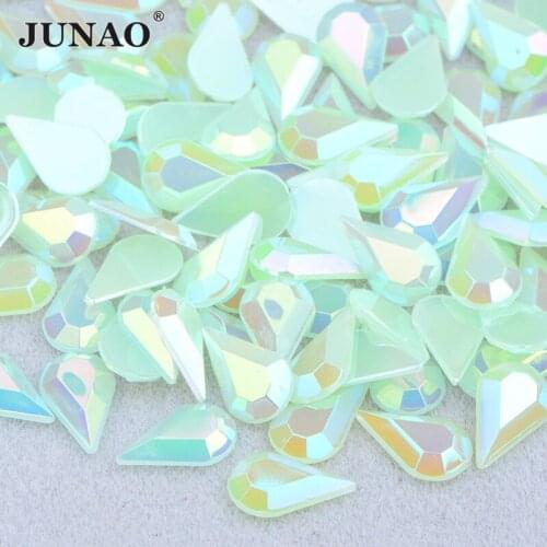 JUNAO 5*8mm 8*13mm Jelly Green AB Drop Shape Crystal Rhinestones Flatback Acrylic Nail Stones Glue On Teardrop Clothes Appliques