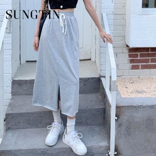Sungtin Casual Loose Drawstring Straight Skirts for Women Split Solid Long Korean Style Skirt Black Soft Skirts 2021 New Fashion