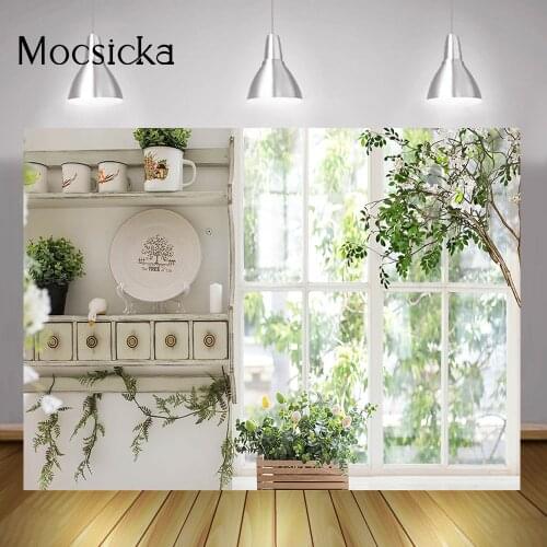 Spring Scenery Green Plants Backdrop Photoshoot Cupboard Plate White Window Background Spring Portrait Photography Photo Studio