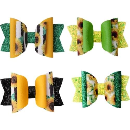 10pcs/lot 3"Three Layer Hair Bows Clips Glitter Green Sunflower Pattern Hairgrips For Girls Kids Bling Cute Hairpins Accessories