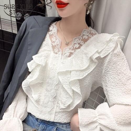 New Ruffled V-neck Lace Shirt Fashion Female Vintage Slimming Cotton & Linen Blouse Solid Sweet Flare Sleeve Womans Shirt 13192