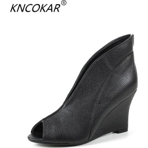 KNCOKAR2018 new spring and autumn wedge heels with female ankle boots, high vamp boots, Roman sandals and high heels with wom
