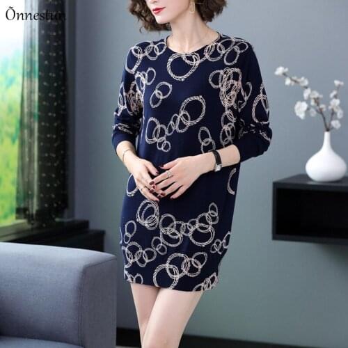 Long Sweater Dress Autumn Fashion Long Sleeve Pullovers Geometry Print Knitwear Jumper Plus Size Sweater Women