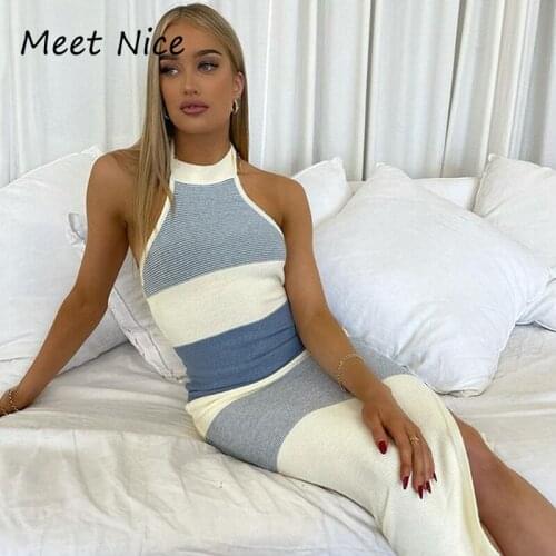 Sexy Contrast Color Striped Halter Midi Dresses Women Bodycon Dress White Green Blue Nightclub Evening Party Dress Clubwear