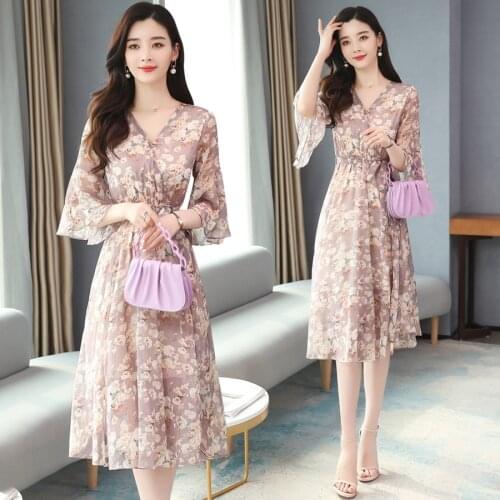 2021 Floral Chiffon Beach Sweet Midi Dresses Spring Summer Plus Size Vintage Runway Dresses Elegant Women Bodycon Party Vestidos