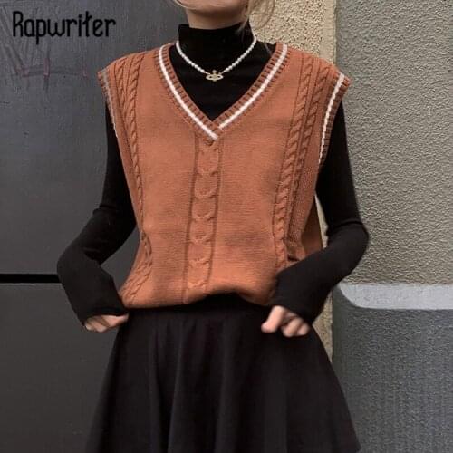 Rapwriter y2k Brown Sweater Vest Vintage Patched Sleeveless Mini Vest Autumn Knitted Top Women England Style Preppy Streetwear
