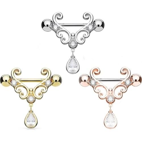 1 PCS Fashion Sexy Hollow Flower Zircon Water Drop Nipple Ring for Women Body Piecing Jewelry