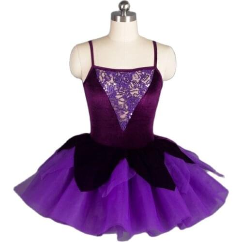 Dark Purple Velvet Camisole Sequin Lace Top with Tulle Skirt Women & Girl Stage Dance Dress Romantic Ballet Tutu Costumes 18564