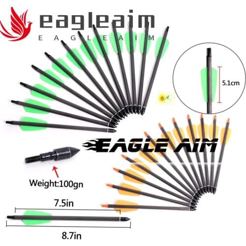 6/12/24PCS Carbon Arrows Crossbows Bolts Plastic 2inch Feather 7.5 Inch 22CM Pure Carbon Archery Arrows Hunting Orange/Green