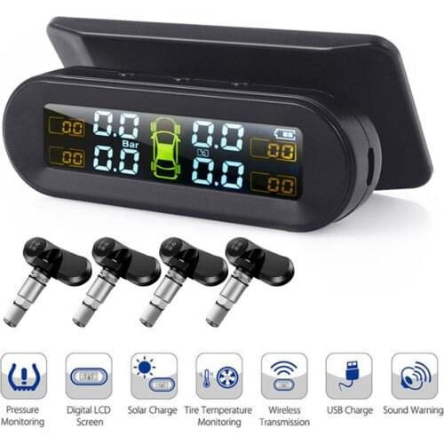 Wireless Car Tire Pressure Monitor System TPMS Temperature Monitoring Solar Power with 4 tire Internal / External Sensors for RV
