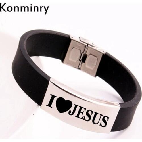 Konminry I Love Jesus Bracelet Stainless Steel Black Leather PU Chains For Women Men Bangle Christian Gift 2018 New Arrival