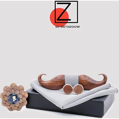 3D Black Walnut beard Wooden Bowtie for Mens Wedding Papillon Corbatas Printed Wood Bow Tie Handkerchief Set for Mens Suit