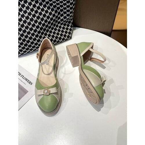 Round Head Bow Knot Color Matching Square Heel Elegant Ladies Single Shoes Summer Simple Casual Temperament High Heels
