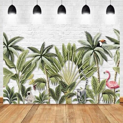 White Brick Backdrop Summer Tropical Plant Animal Flamingo Photo Background Photography Backdrops Studio Photocalls Props W5477