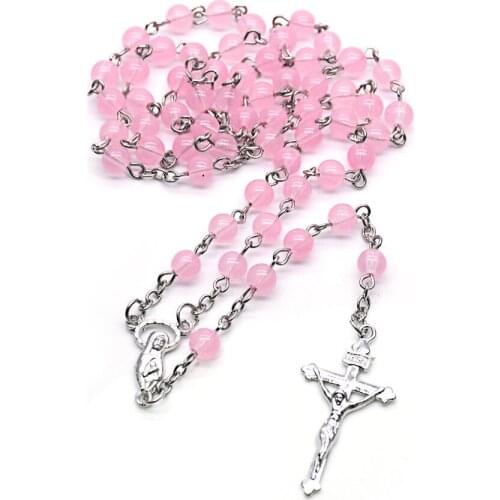 Catholic Pink Crystal Beads Virgin Mary Rosary Necklace Cross Crucifix Pendants Church Prayer Jewelry Christian Communion Gifts