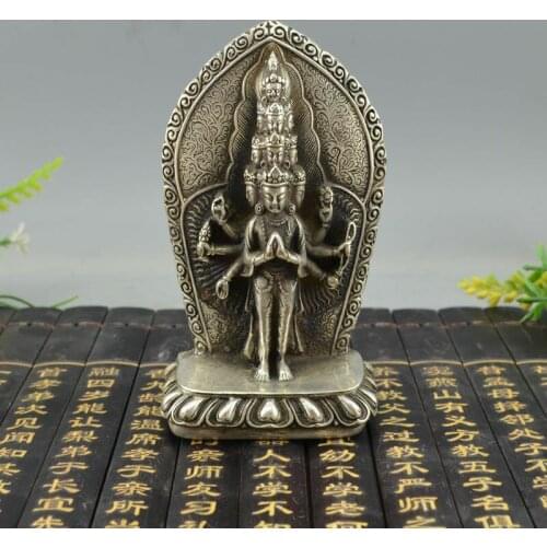 China Tibet Silver Kwan-yin Avalokitesvara Bodhisattva Buddha Statue