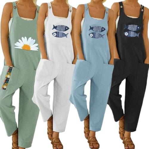 Women Fish Printed Pattern Jumpsuit U-shaped Collar Sleeveless Blue Green White Black