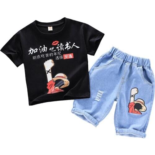 2021 Summer Baby Boy Clothing Set Study Hard Girl Short Sleeve T Shirt+Jeans 2 Pcs Suit Children Toddler Casual Clothes Set