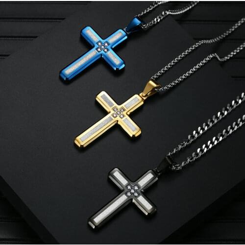 High Quality Stainless Steel Jewelry Diamond Necklace Gold/Black/Blue Vacumm Plated Mens Cross Pendant