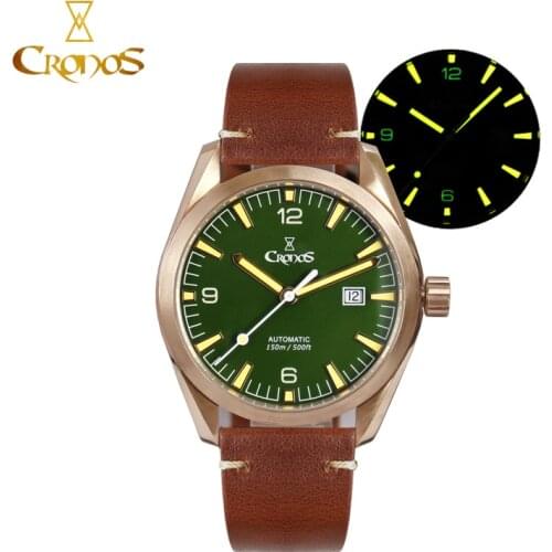 Cronos Men Mechanical Watches Bronze CuSn8 PT5000 SW200 Sapphire Crystal Leather Rubber Strap Automatic Watches