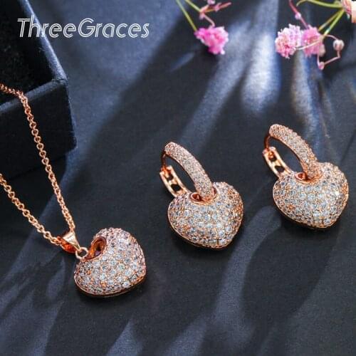 ThreeGraces Rose Gold Love Heart Shape Pendant Necklace and Earring Sets Mirco Pave Cubic Zirconia Fashion Women Jewelry JS148