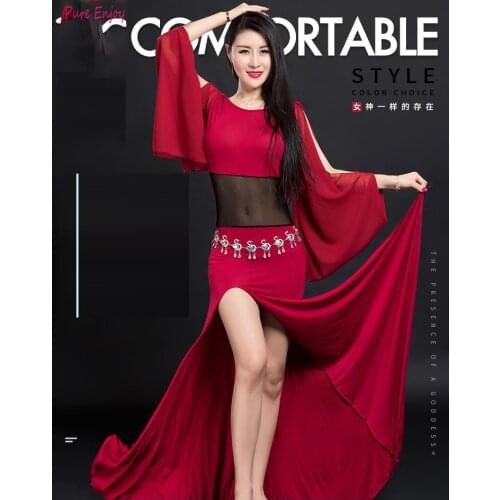 New Belly dance costumes women dance set women sexy belly dance suit long sleeves practice training clothes Modal red Pink