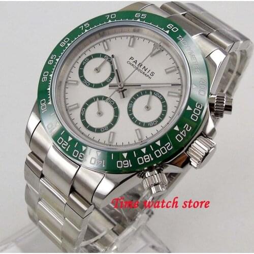 39mm PARNIS Quartz watch men waterproof steel bracelet Chronograph white dial luminous sapphire green bezel stop wrist 1260