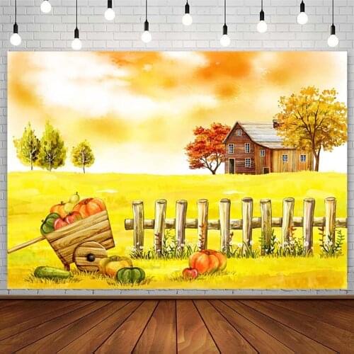 Fall Autumn Backdrops Wood Warehouse Cabin Yellow Grassland Tree Pumpkin Fence Newborn Baby Shower Photography Backgrounds Props