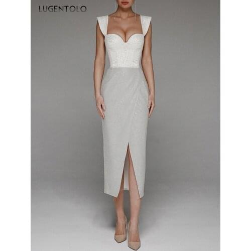 Sexy Backless Dress Women Slim Embroidery Party Empire Dresses Female Sleeveless Breast Wrap Split Fork Long Dress Lugentolo